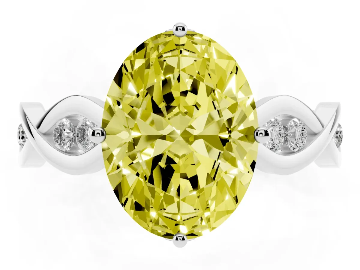 Fancy Yellow Oval Cut Solitaire Twist Band with Leaf Prong Setting White gold