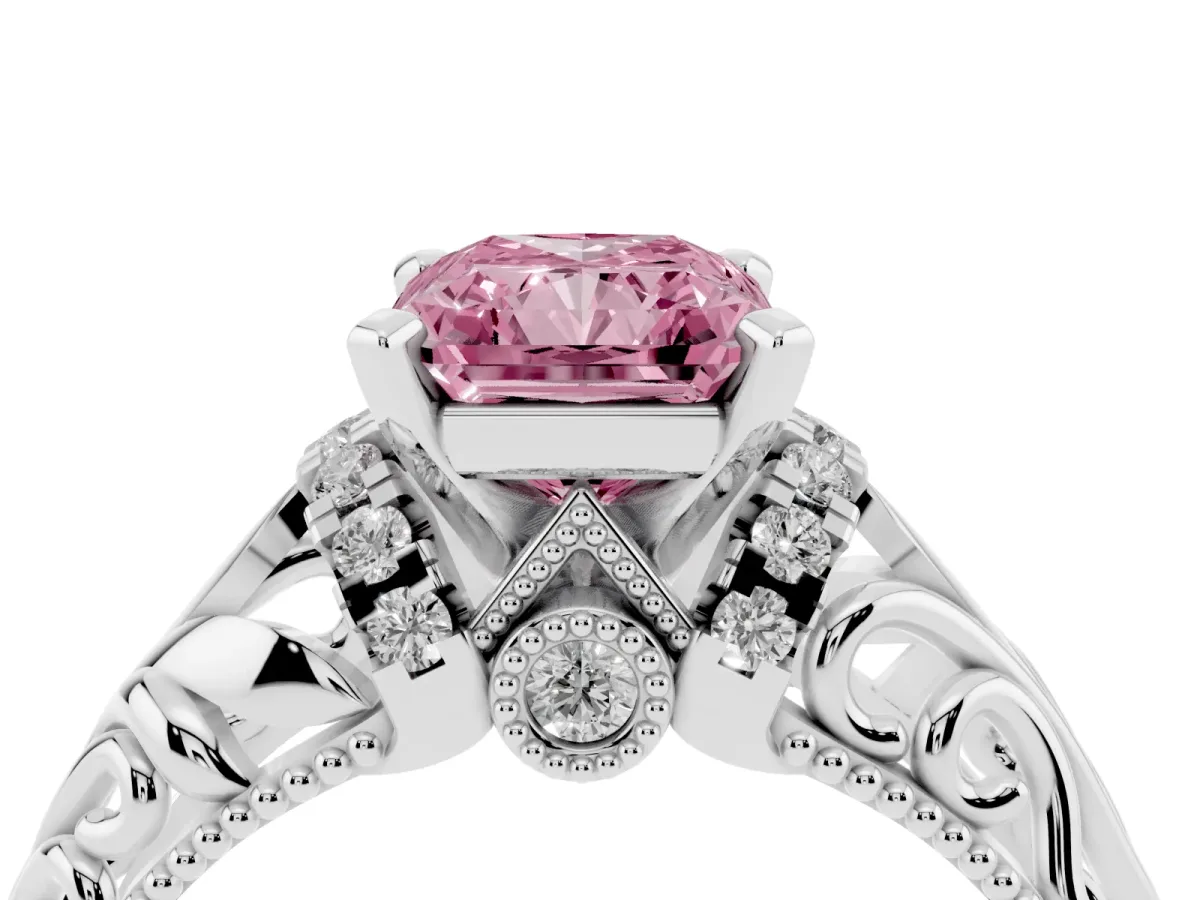 Fancy Pink Radiant Cut Solitaire Filigree Engagement Ring with Halo and Prong Setting Silver