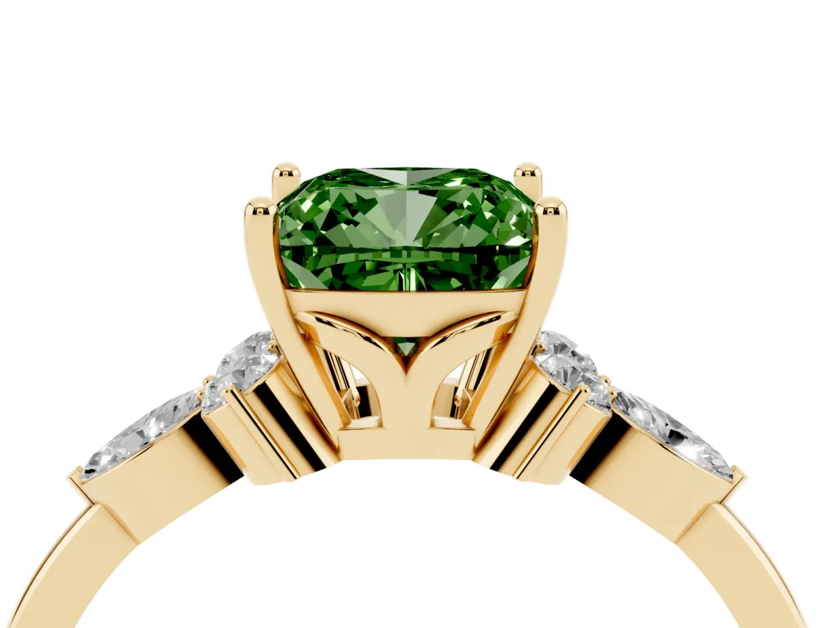 Fancy Green Cushion Cut Brilliant Diamond Solitaire Ring with Pear Side Stones and Four-Prong Setting Yellow gold