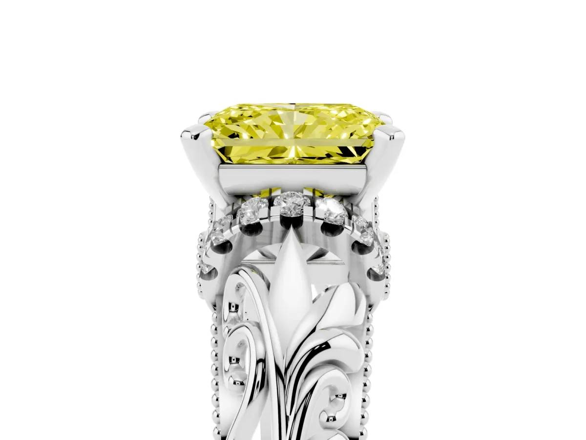 Fancy Yellow Radiant Cut Solitaire Filigree Engagement Ring with Halo and Prong Setting Platinum