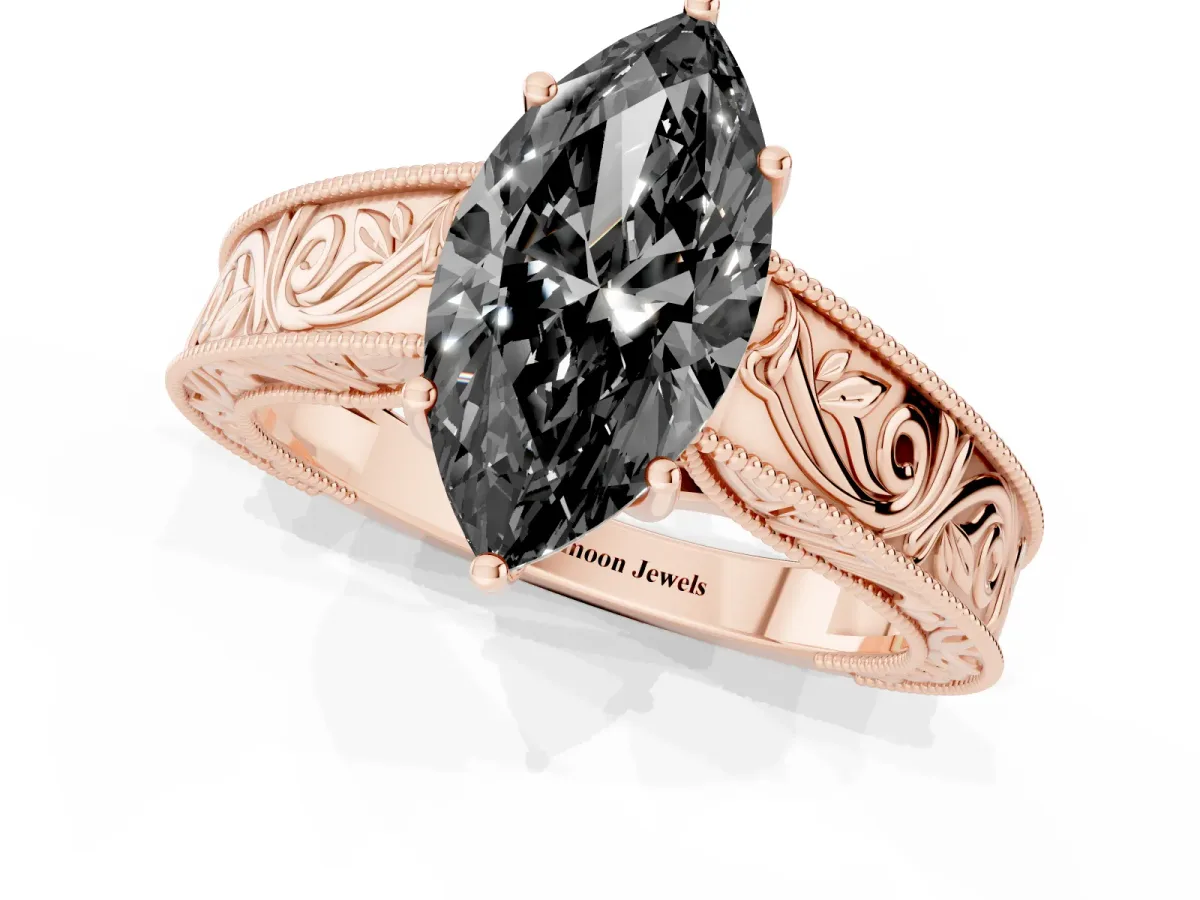 Fancy Black Marquise Cut Diamond Solitaire Ring with Engraved Band and Four-Prong Setting Rose gold