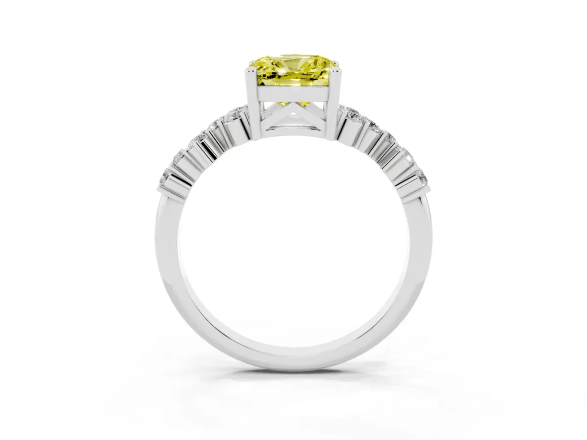 Fancy Yellow Cushion Cut Diamond Scattered Round Accent Ring with Prong Setting White gold