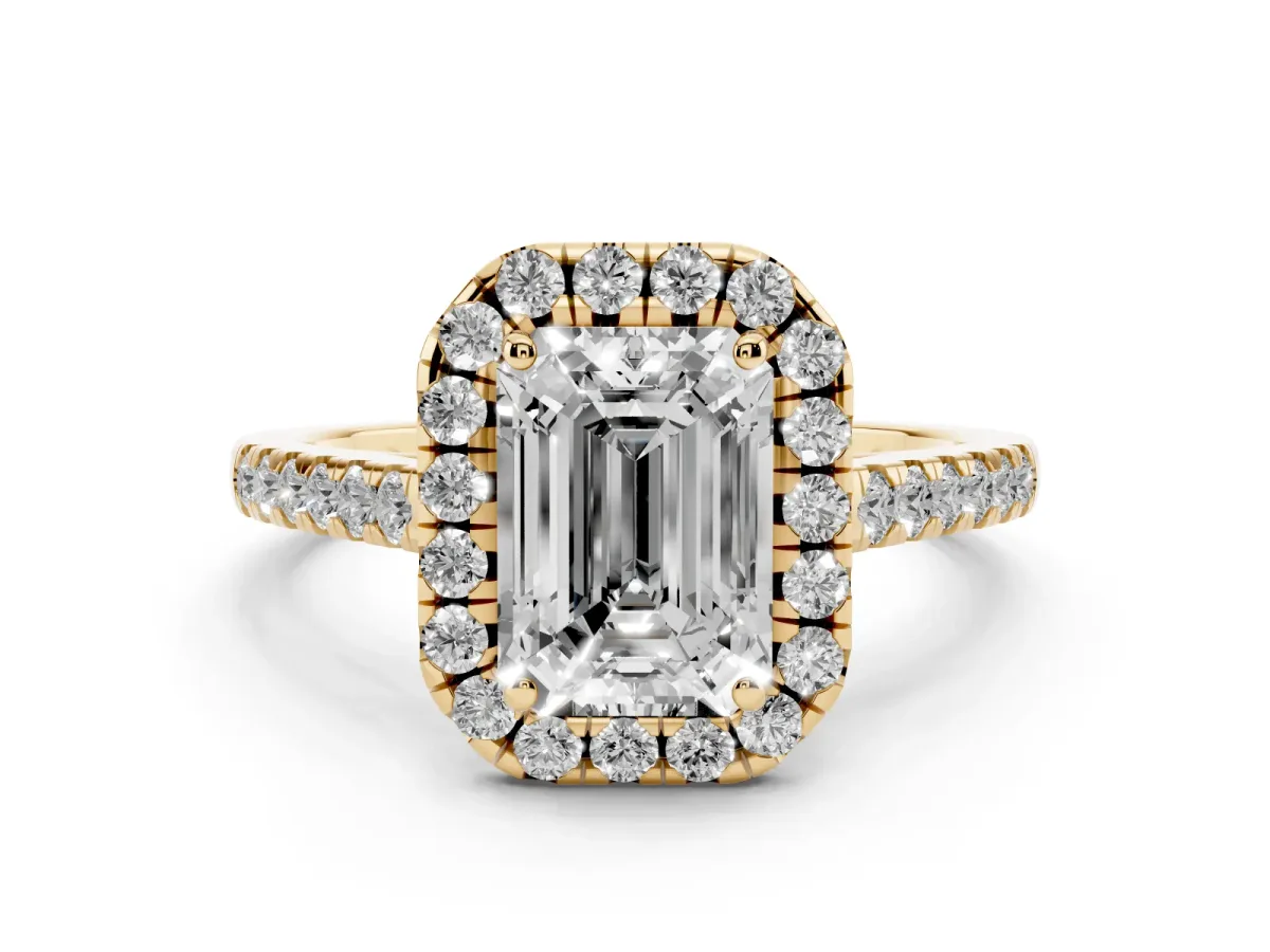 Emerald Cut Halo Pave Diamond Engagement Ring with Four-Prong Setting Yellow gold