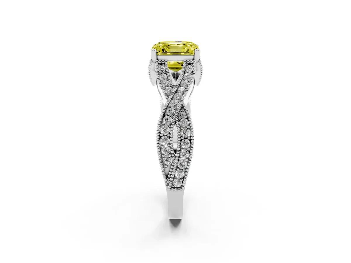 Fancy Yellow Asscher Cut Cut Diamond Twisted Band with Milgrain Pave Setting and Four-Prong Setting Silver