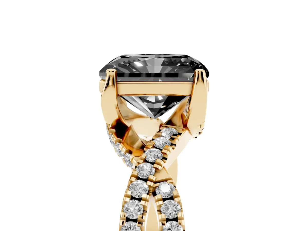 Fancy Black Radiant Cut Solitaire Twist Pave Diamond Engagement Ring with Prong Setting Yellow gold