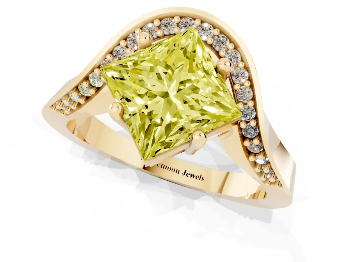 Fancy Yellow Princess Cut Solitaire Diamond Engagement Ring with Pave Band and Four-Prong Setting Yellow gold