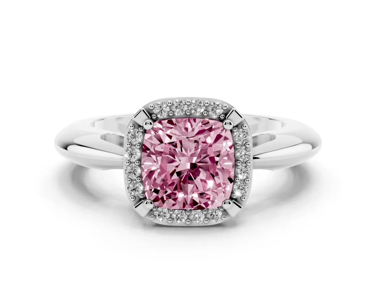 Fancy Pink Cushion Cut Cut Diamond Halo Engagement Ring with Split Shank and Four-Prong Setting Silver