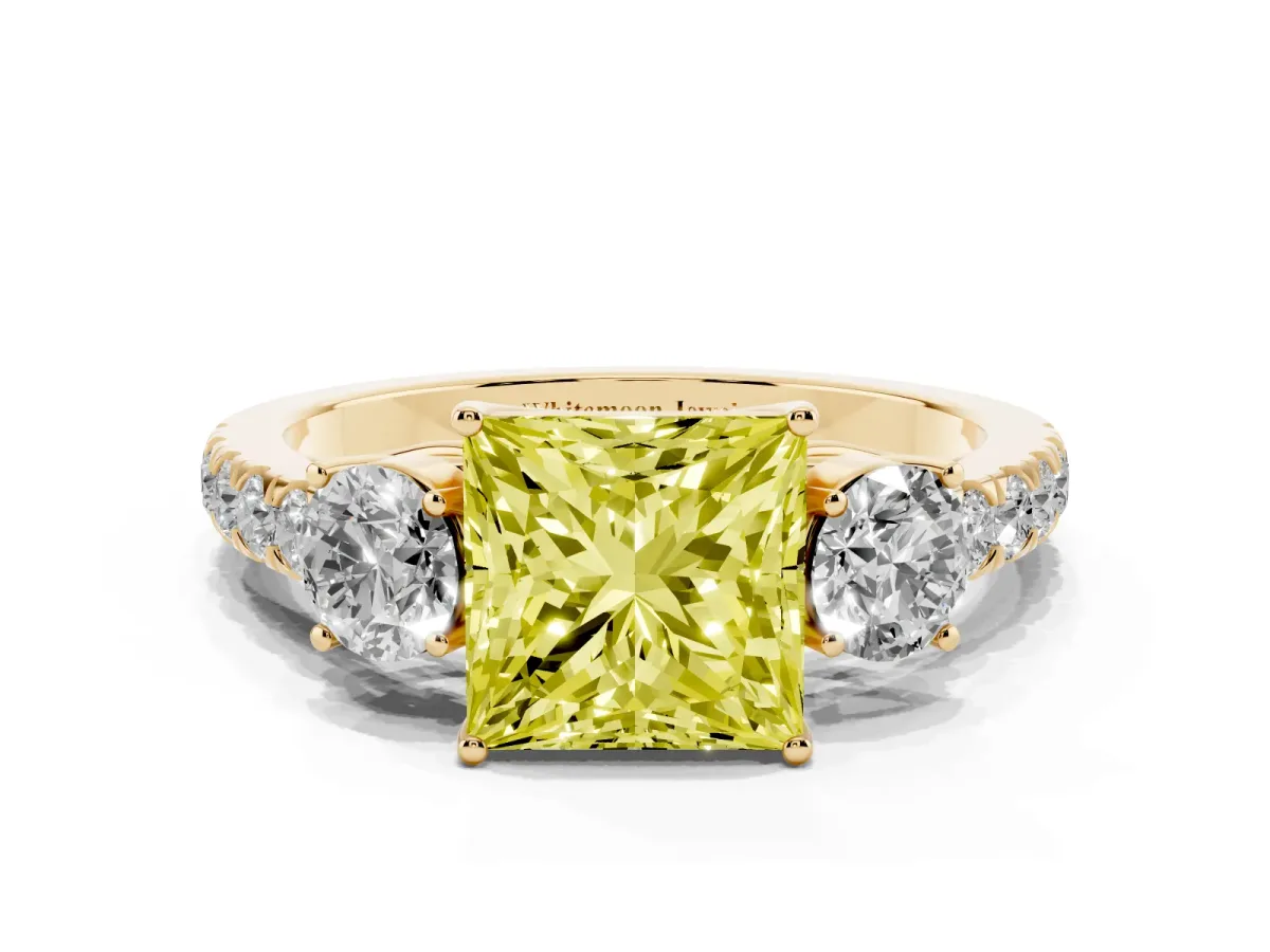 Fancy Yellow Princess Cut Cut Diamond Three-Stone Ring with Round Side Stones and Pavé Band Yellow gold