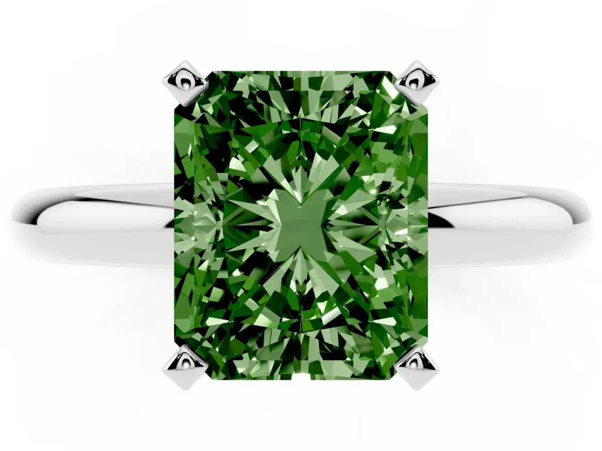 Fancy Green Radiant Cut Diamond Solitaire Engagement Ring with Round Band and Four-Prong Setting Silver