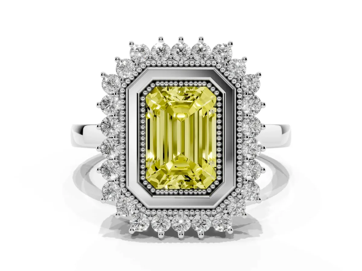 Fancy Yellow Emerald Cut Halo Diamond Ring with Milgrain Edge and Round Prong Setting Silver