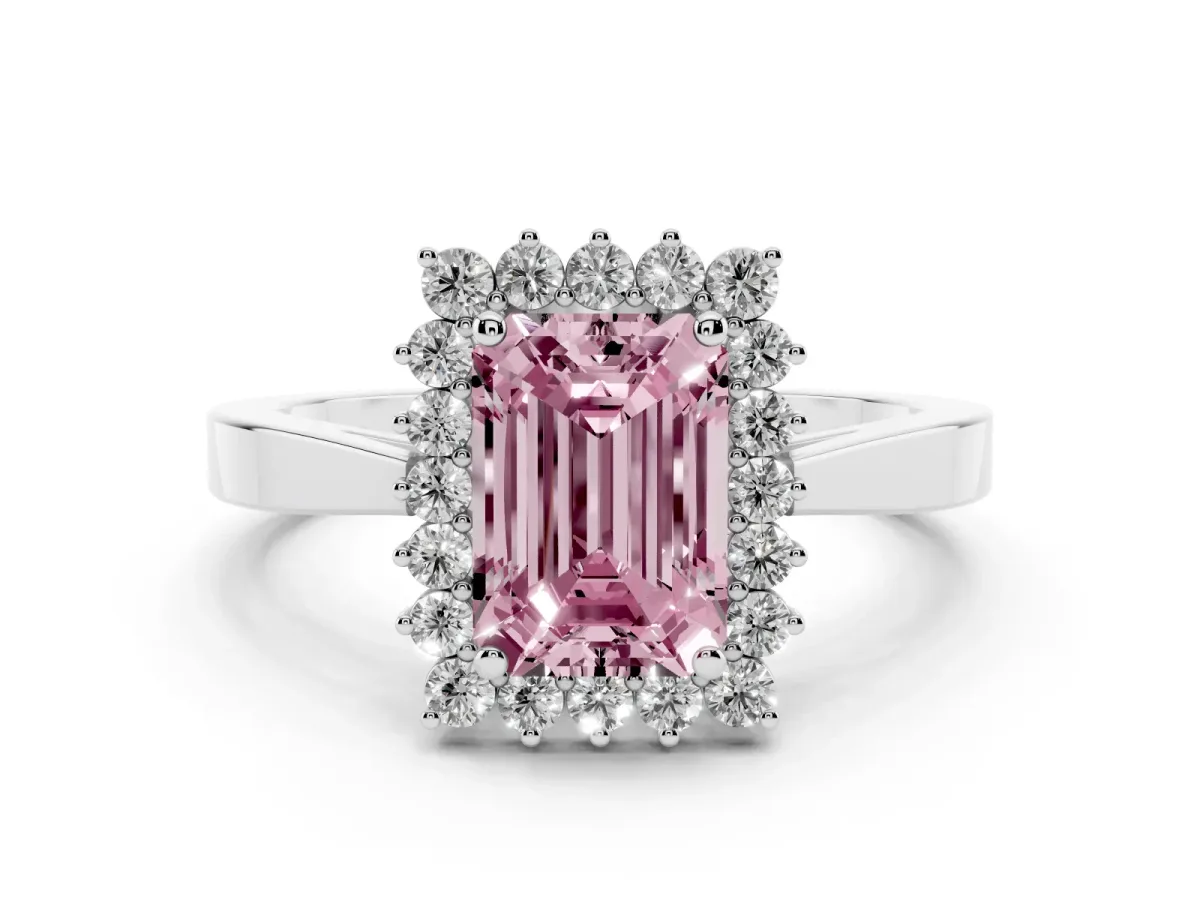 Fancy Pink Emerald Cut Cut Diamond Halo Ring with Round Brilliant Halo and Solitaire Band Platinum
