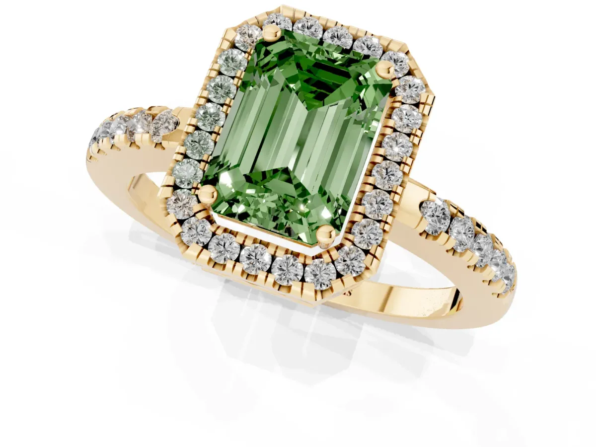 Fancy Green Emerald Cut Halo Diamond Engagement Ring with Pavé Band and Four-Prong Setting Yellow gold