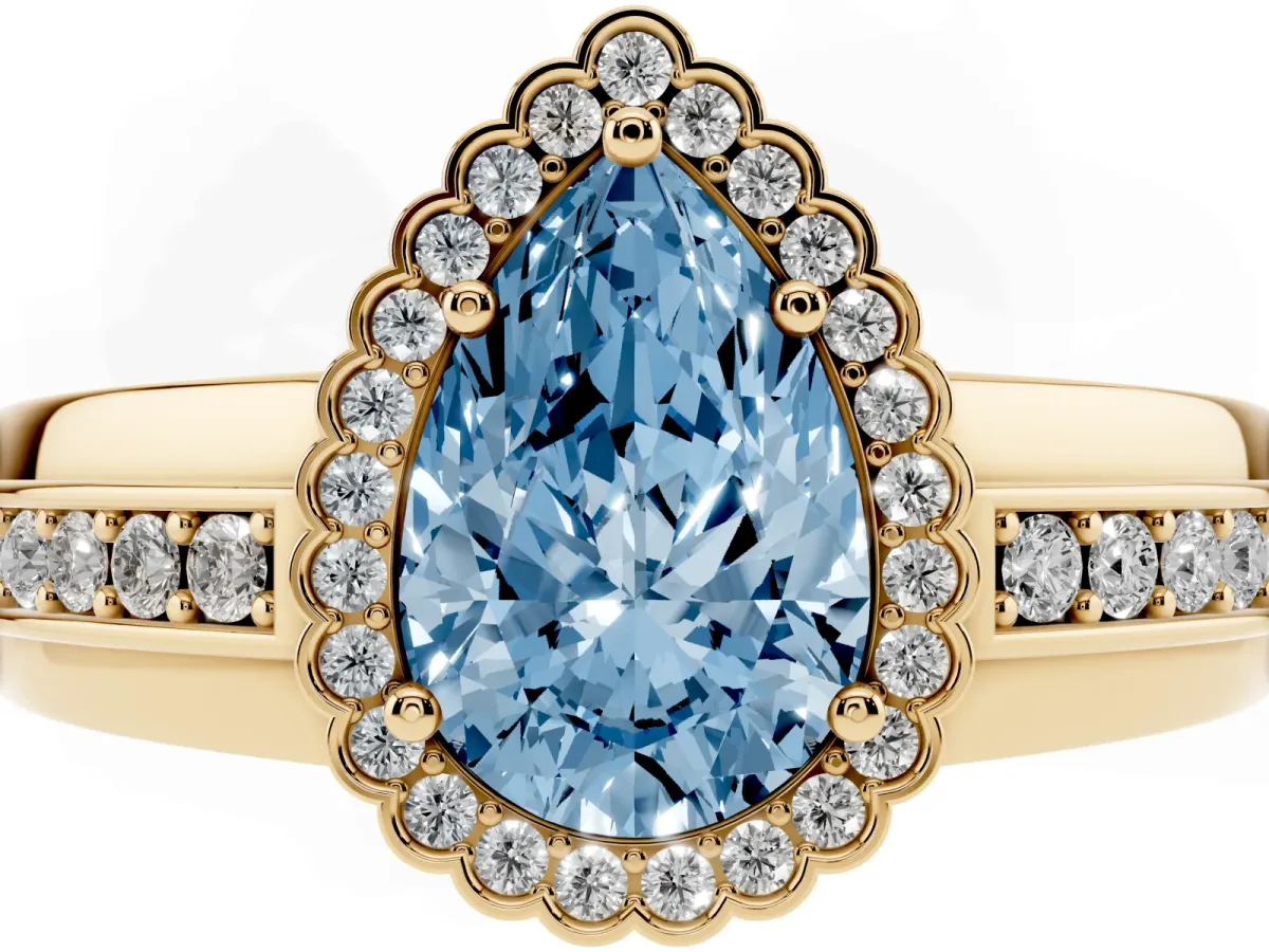 Fancy Blue Pear Cut Cut Halo Pave Band Four-Prong Ring Yellow gold
