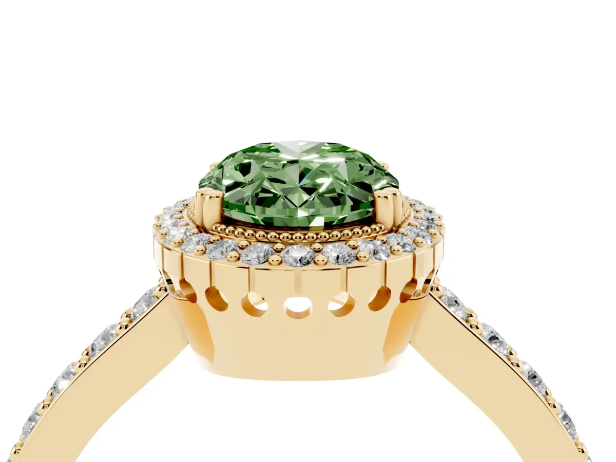 Fancy Green Oval Cut Cut Diamond Halo Engagement Ring with Milgrain Detail and Pavé Band Yellow gold