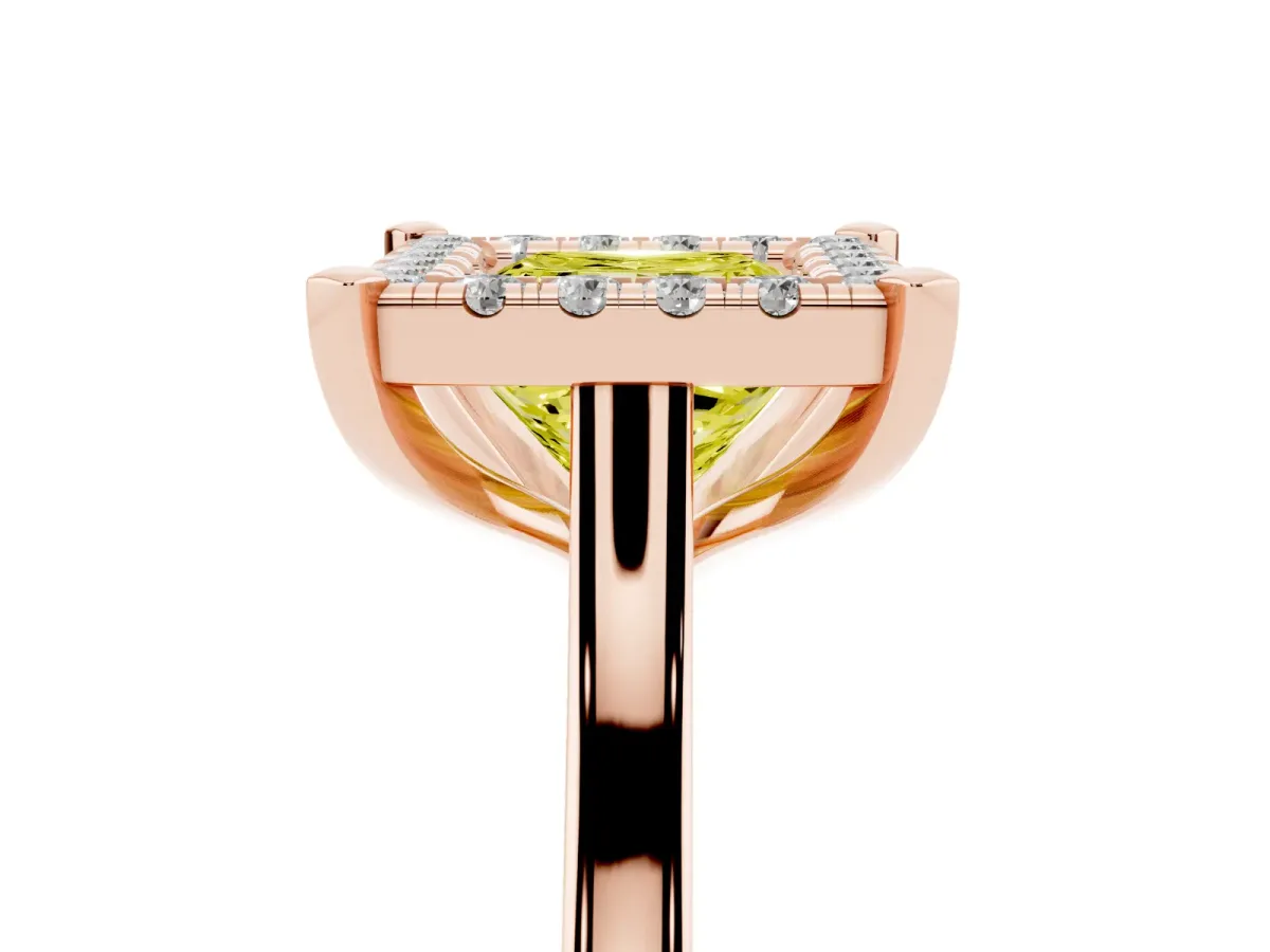 Fancy Yellow Princess Cut Diamond Cluster Halo Solitaire with Four-Prong Setting Rose gold