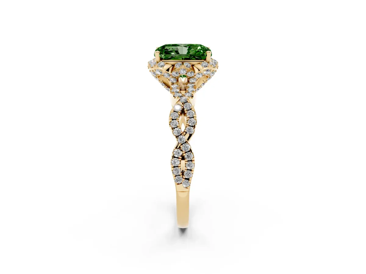 Fancy Green Radiant Cut Halo Twist Band Solitaire Ring with Six-Prong Setting Yellow gold