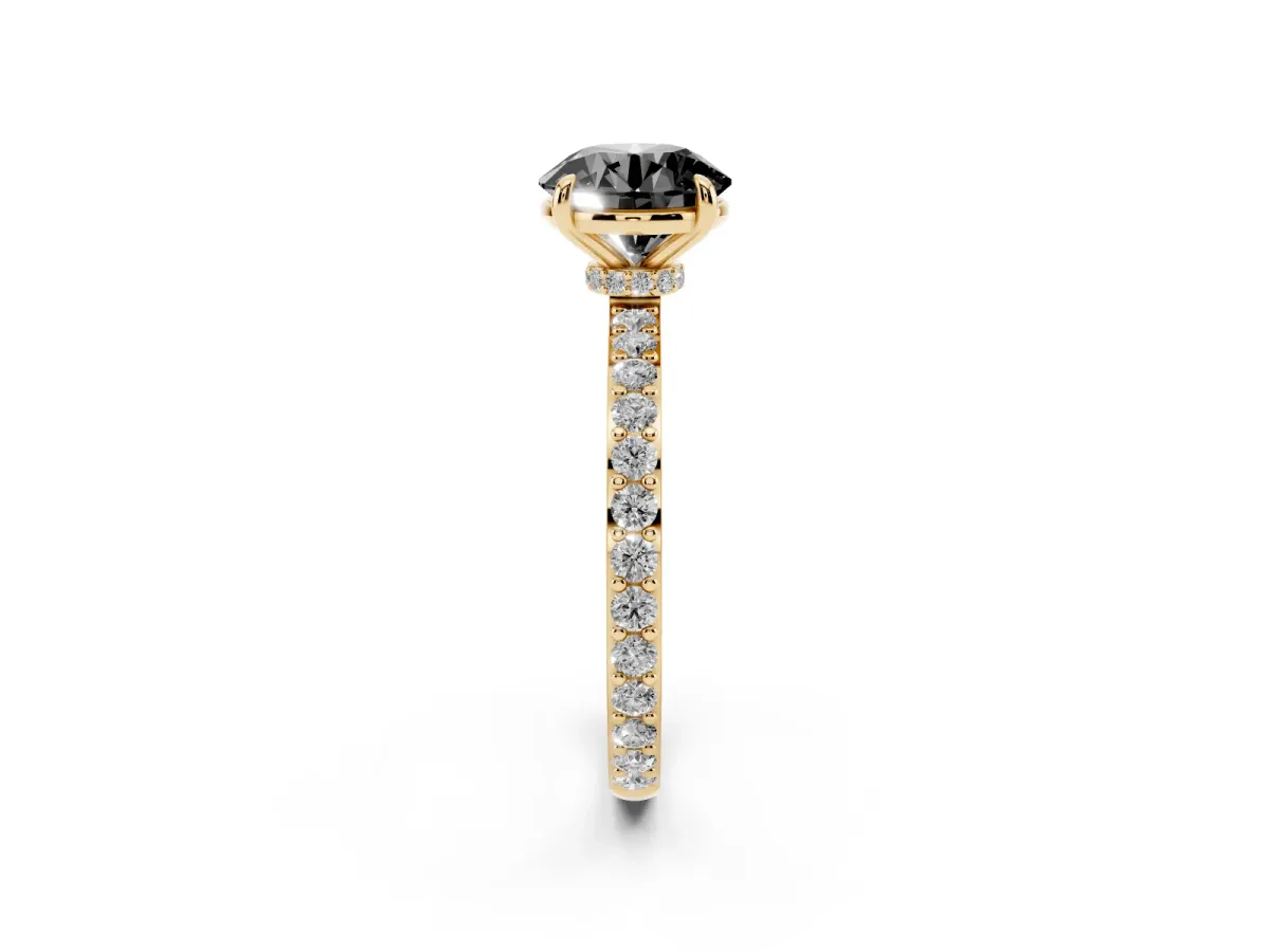 Fancy Black Round Cut Diamond Pavé Engagement Ring with Round Accents and Prong Setting Yellow gold