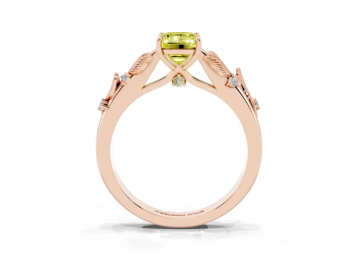 Fancy Yellow Emerald Cut Diamond Solitaire Ring with Leaf Motif Band and Four-Prong Setting Rose gold