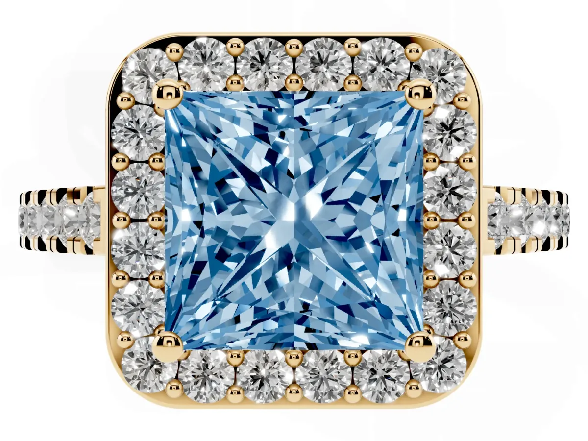 Fancy Blue Princess Cut Diamond Halo Ring with Round Pavé Split Shank and Prong Setting Yellow gold