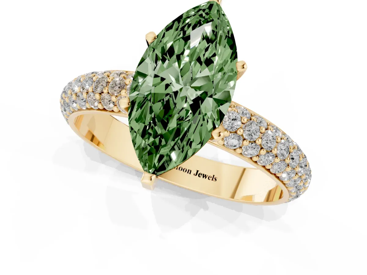 Fancy Green Marquise Cut Diamond Solitaire Ring with Prong Setting and Pavé Band Yellow gold