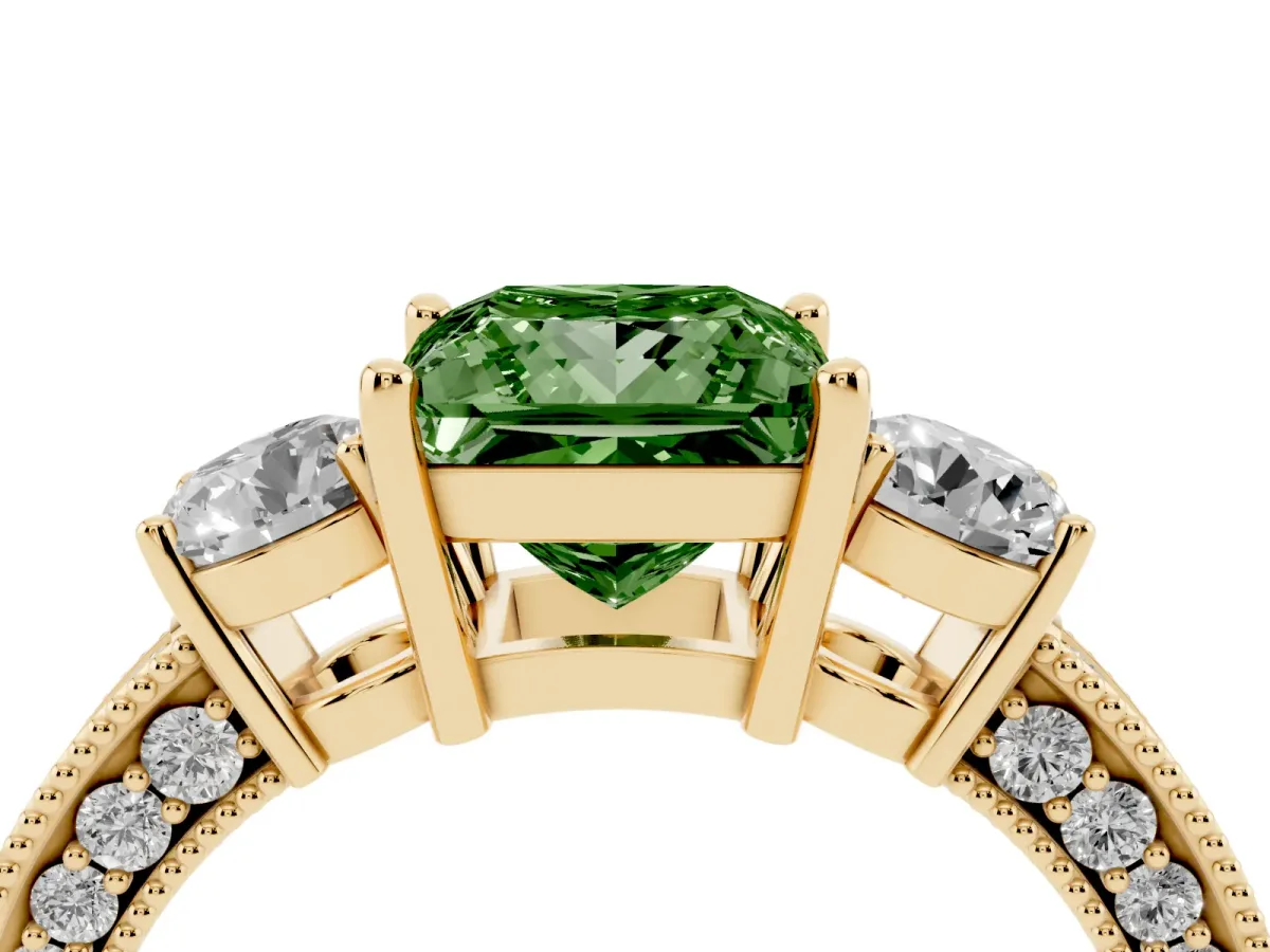 Fancy Green Princess Cut Three-Stone Diamond Ring with Pavé Band and Four-Prong Setting Yellow gold