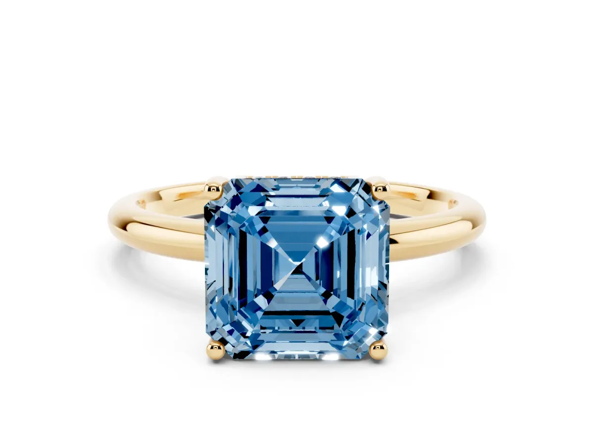 Fancy Blue Asscher Cut Cut Solitaire Engagement Ring with Four-Prong Setting and Classic Band Yellow gold