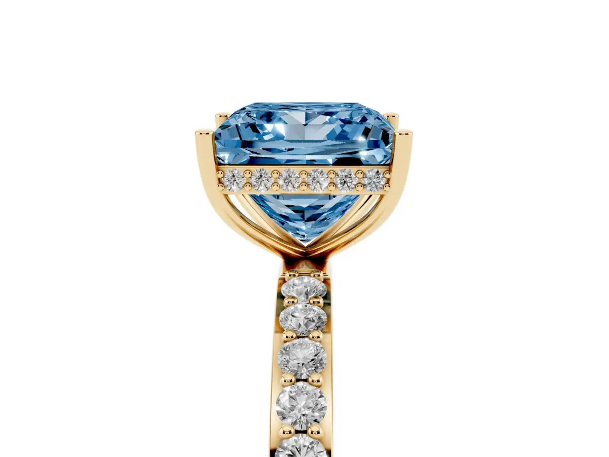 Fancy Blue Princess Cut Diamond Solitaire Ring with Pavé Band and Hidden Halo Yellow gold