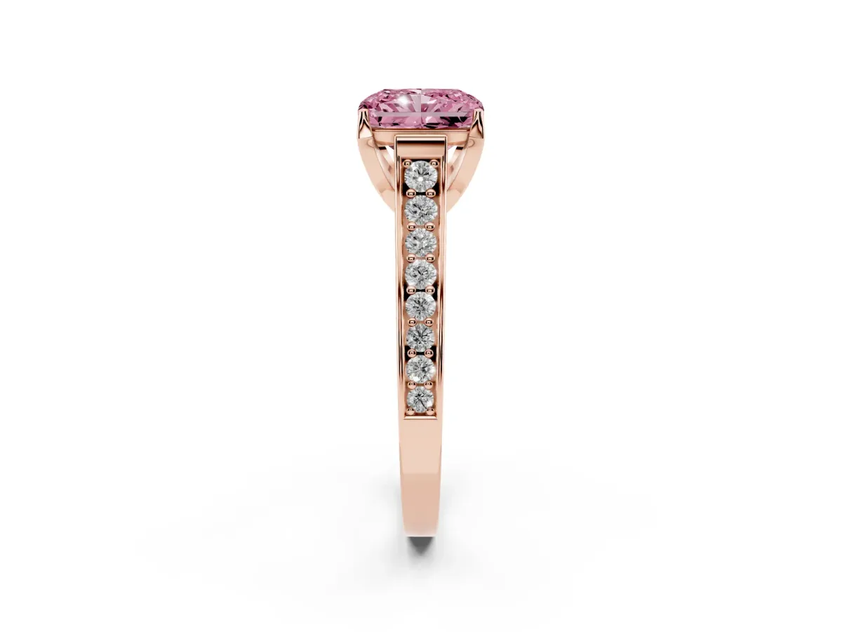 Fancy Pink Radiant Cut Brilliant Cut Diamond Engagement Ring with Pavé Band and Four-Prong Setting Rose gold
