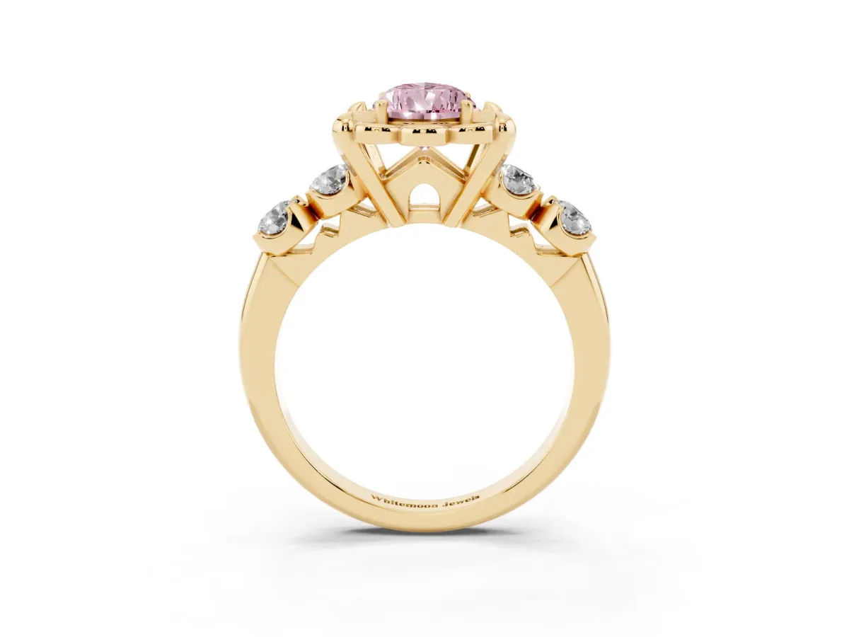 Fancy Pink Pear Cut Cut Diamond Floral Halo Engagement Ring with Shared Prong Setting Yellow gold