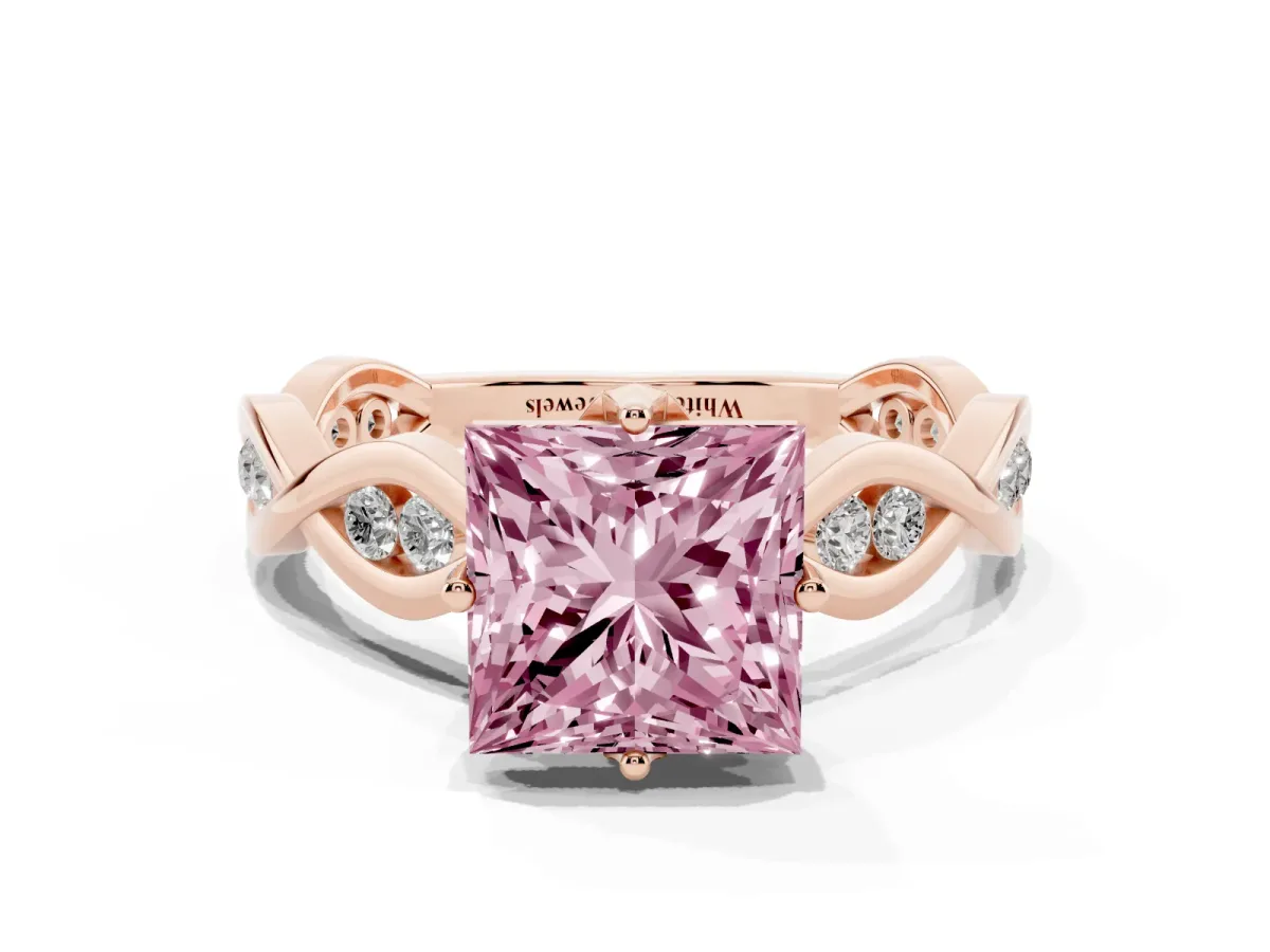 Fancy Pink Princess Cut Solitaire Twist Band with Leaf Prong Setting Rose gold
