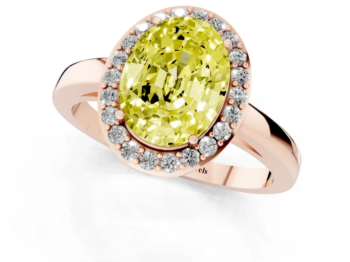 Fancy Yellow Oval Cut Halo Diamond Ring with Solitaire Band and Prong Setting Rose gold