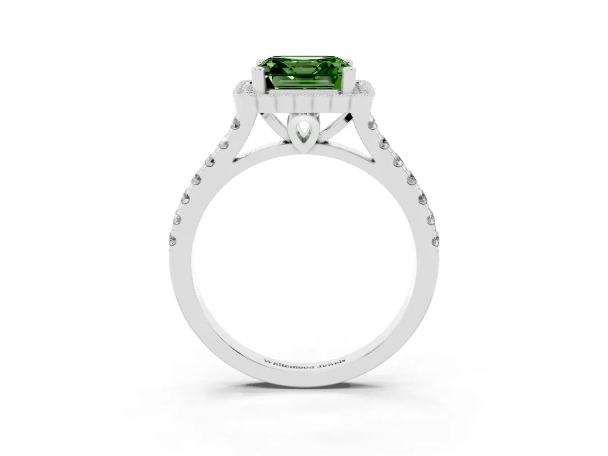 Fancy Green Asscher Cut Cut Diamond Milgrain Floral Halo Engagement Ring with Pavé Band Silver
