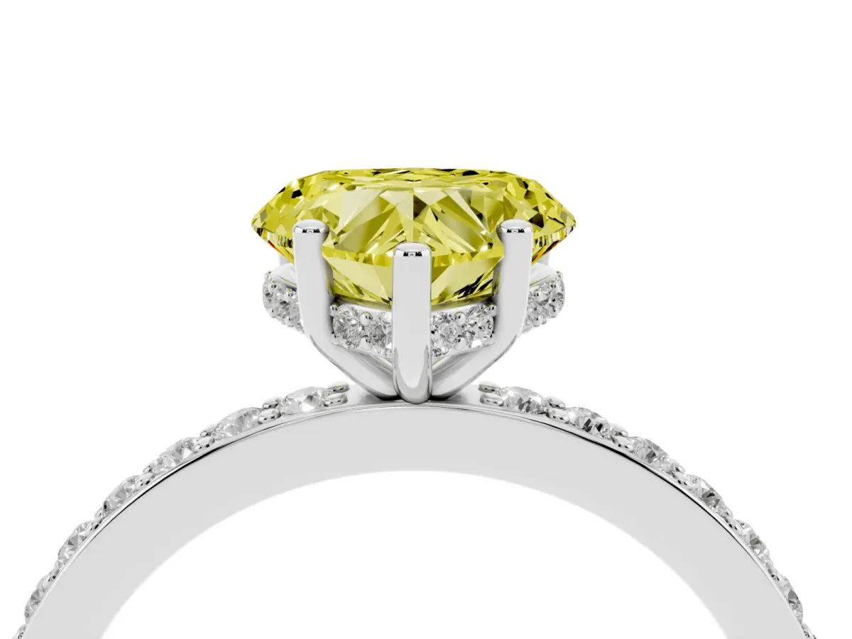 Fancy Yellow Heart Cut Cut Diamond Pavé Band Ring with Four-Prong Setting Silver