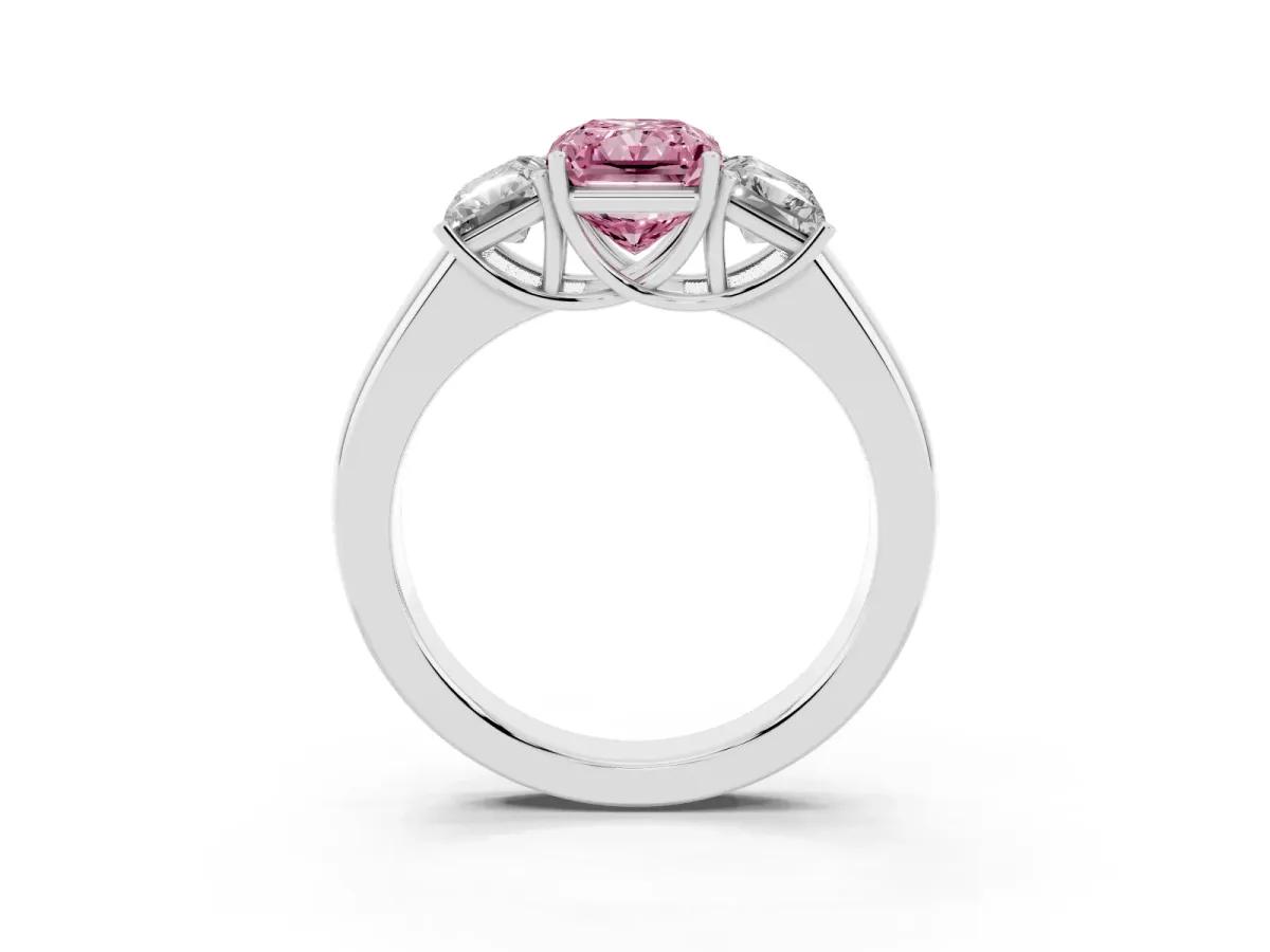 Fancy Pink Three-Stone Radiant Cut Cut Diamond Ring with Prong Setting and Classic Band Silver