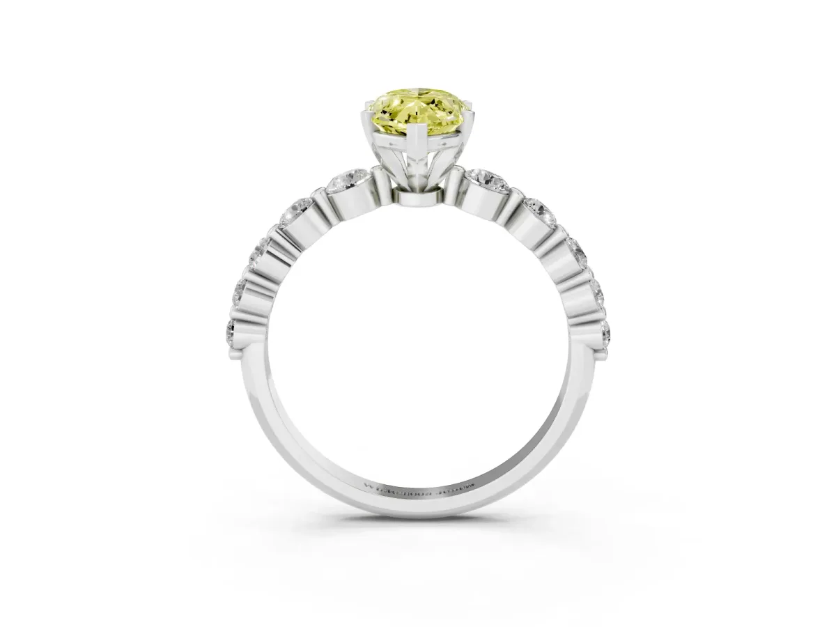 Fancy Yellow Marquise Cut Solitaire Diamond Ring with Pave Band and Four-Prong Setting Silver