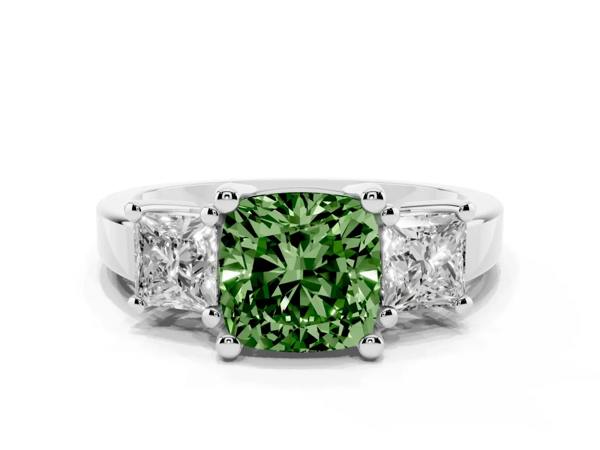 Fancy Green Three-Stone Cushion Cut Cut Solitaire Ring with Prong Setting Silver