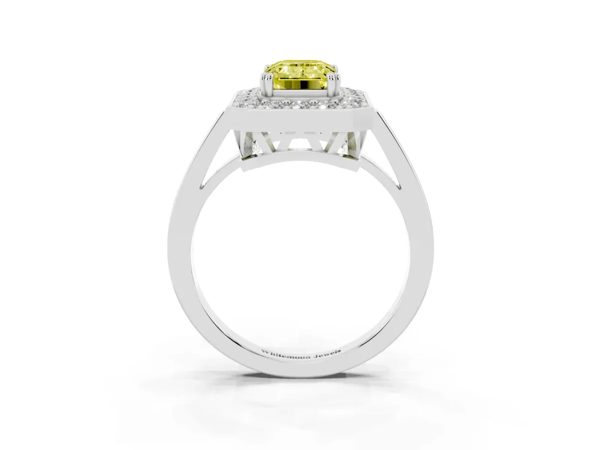 Fancy Yellow Emerald Cut Diamond Halo Ring with Split Shank and Four-Prong Setting Silver