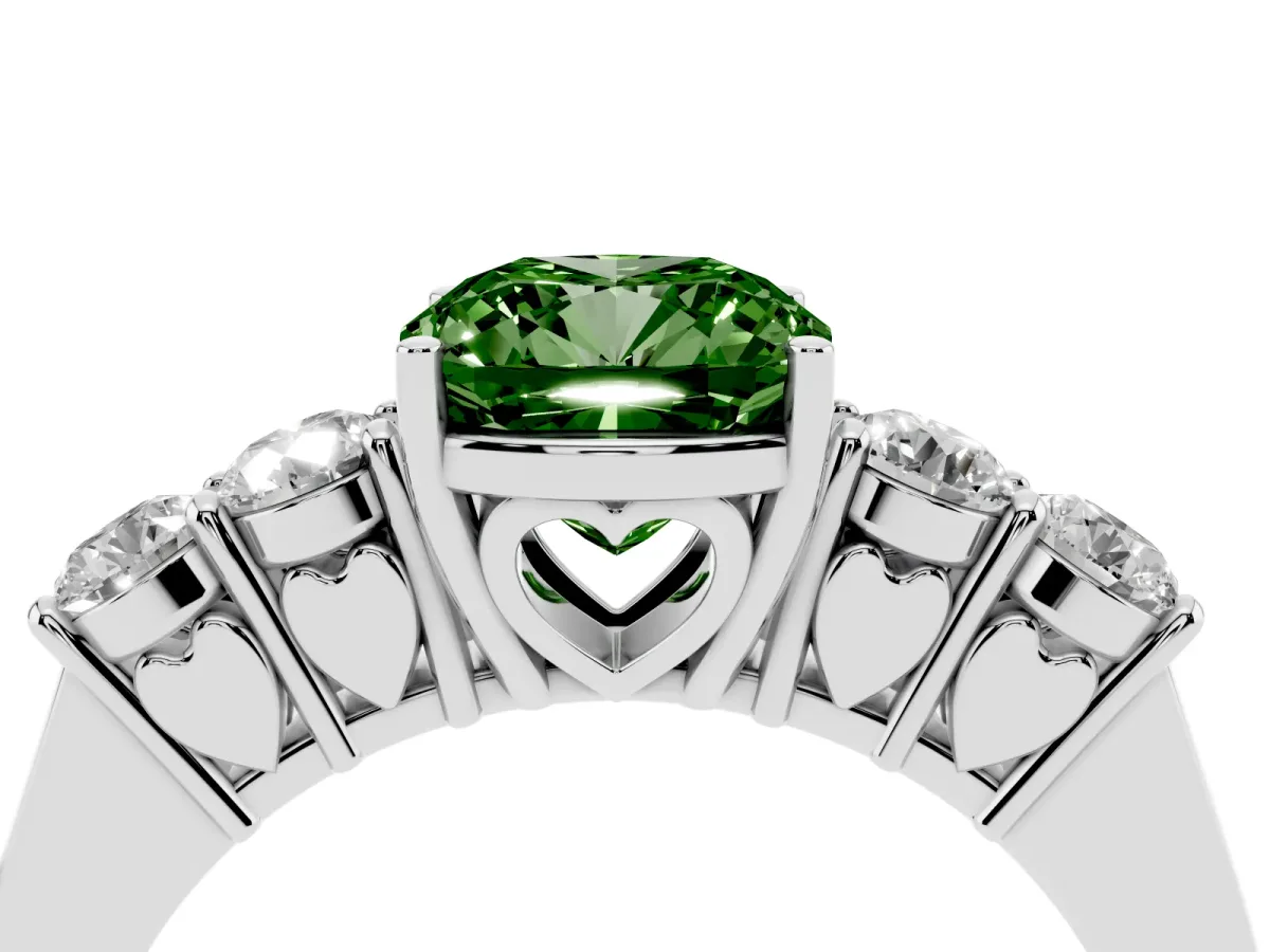 Fancy Green Cushion Cut Cut Diamond Five-Stone Prong Set White Gold Ring Silver