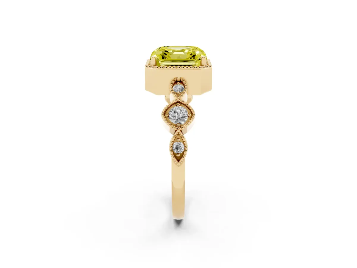 Fancy Yellow Asscher Cut Diamond Vintage Milgrain Ring with Round Stations Yellow gold
