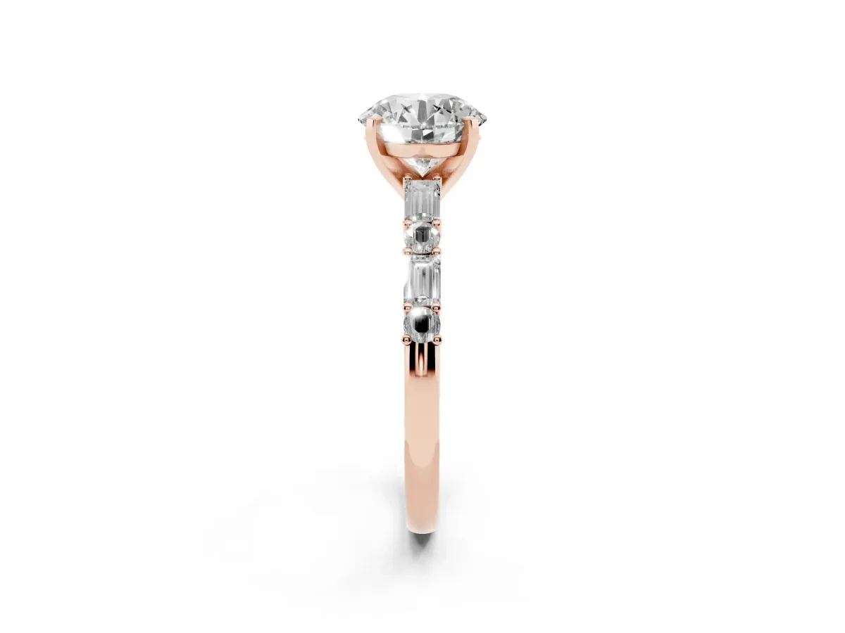 Round Cut Diamond Solitaire with Side Baguettes and Channel Set Band Rose gold
