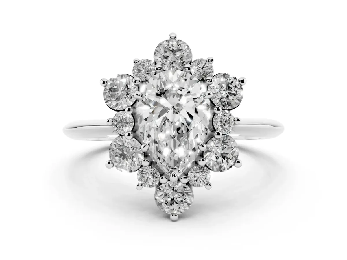 Pear Cut Diamond Cluster Halo Ring with Solitaire Band and Four-Prong Setting Silver