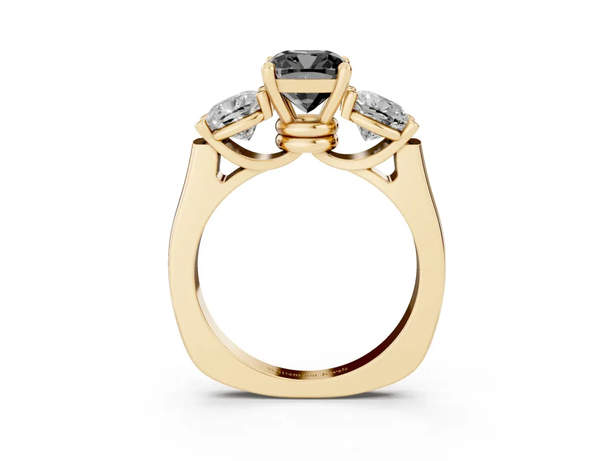 Fancy Black Three-Stone Cushion Cut Brilliant Diamond Trellis Ring with Comfort Fit Band Yellow gold