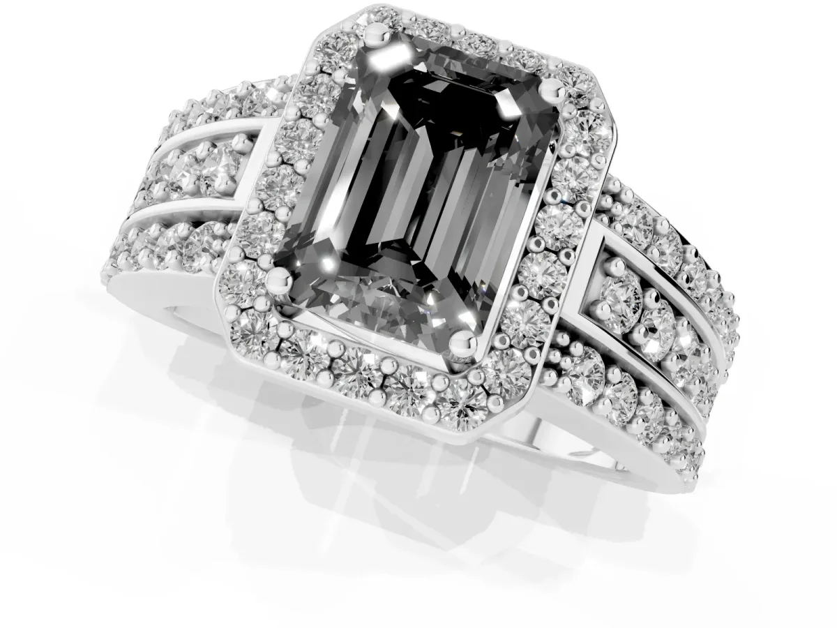 Fancy Black Emerald Cut Halo Diamond Ring with Round Split Shank and Prong Setting Platinum