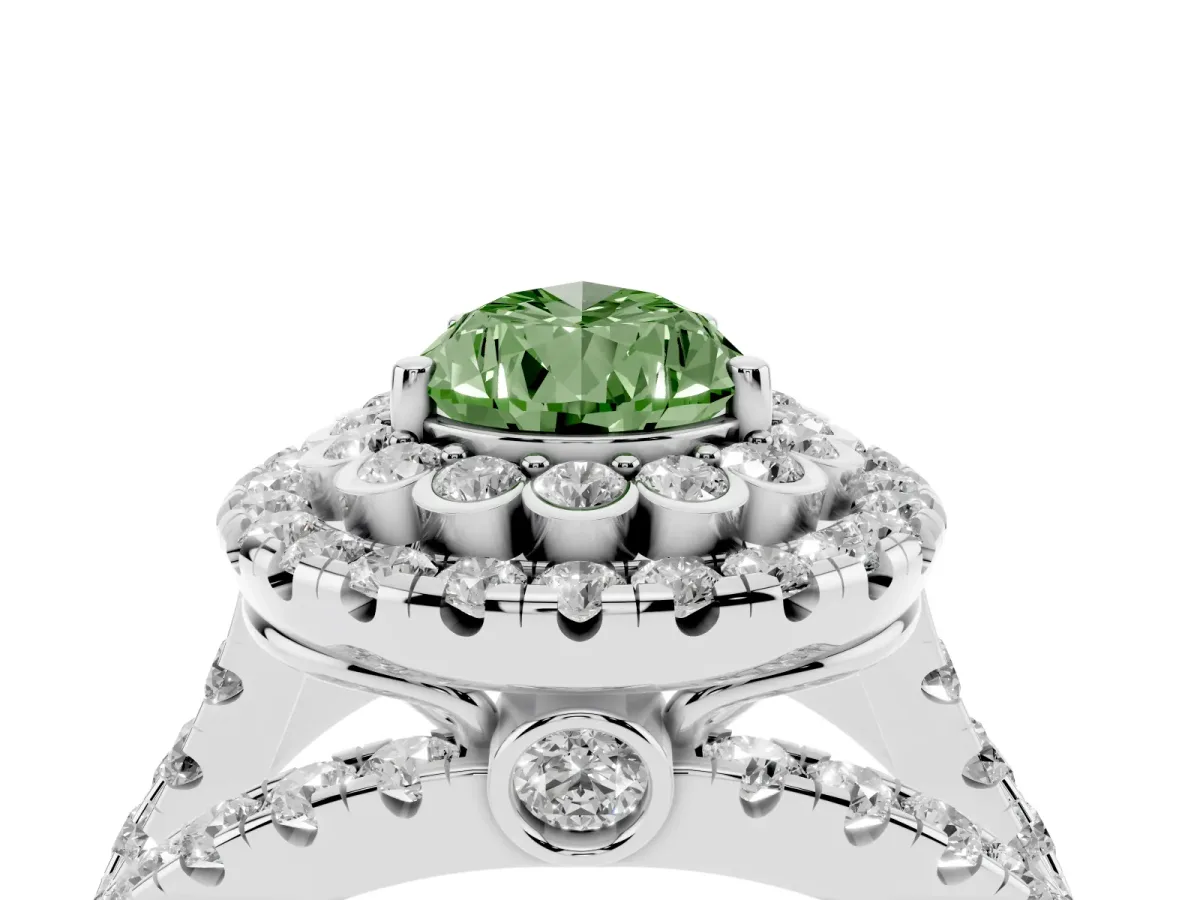 Fancy Green Pear Cut Diamond Double Halo Ring with Round Pavé Split Shank and Prong Setting Silver