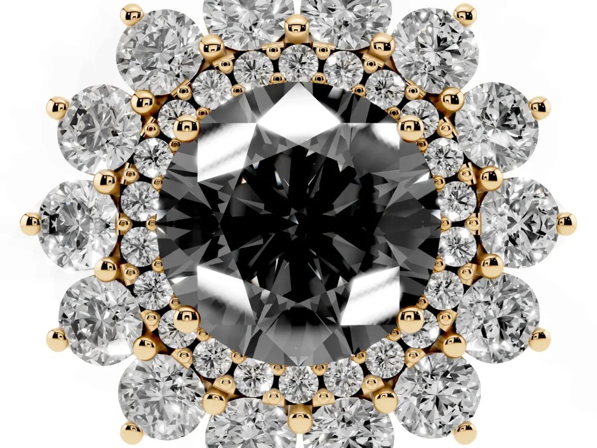Fancy Black Round Cut Diamond Floral Double Halo Engagement Ring with Prong Setting Yellow gold