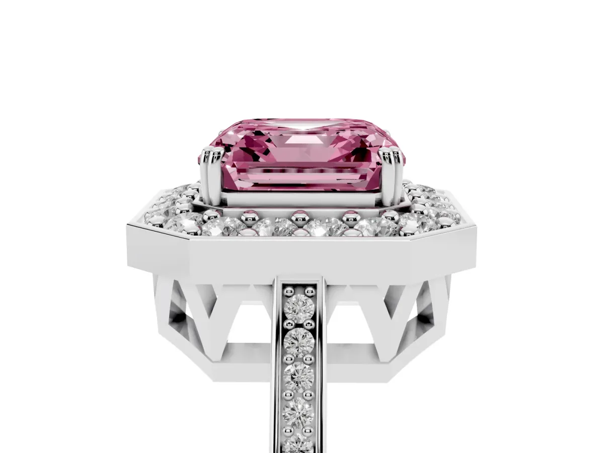 Fancy Pink Asscher Cut Diamond Halo Ring with Split Shank and Four-Prong Setting Silver