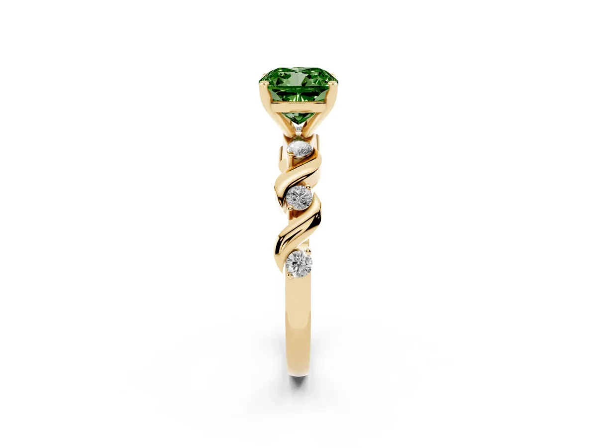Fancy Green Cushion Cut Diamond Solitaire Twisted Band with Round Accents and Prong Setting Yellow gold