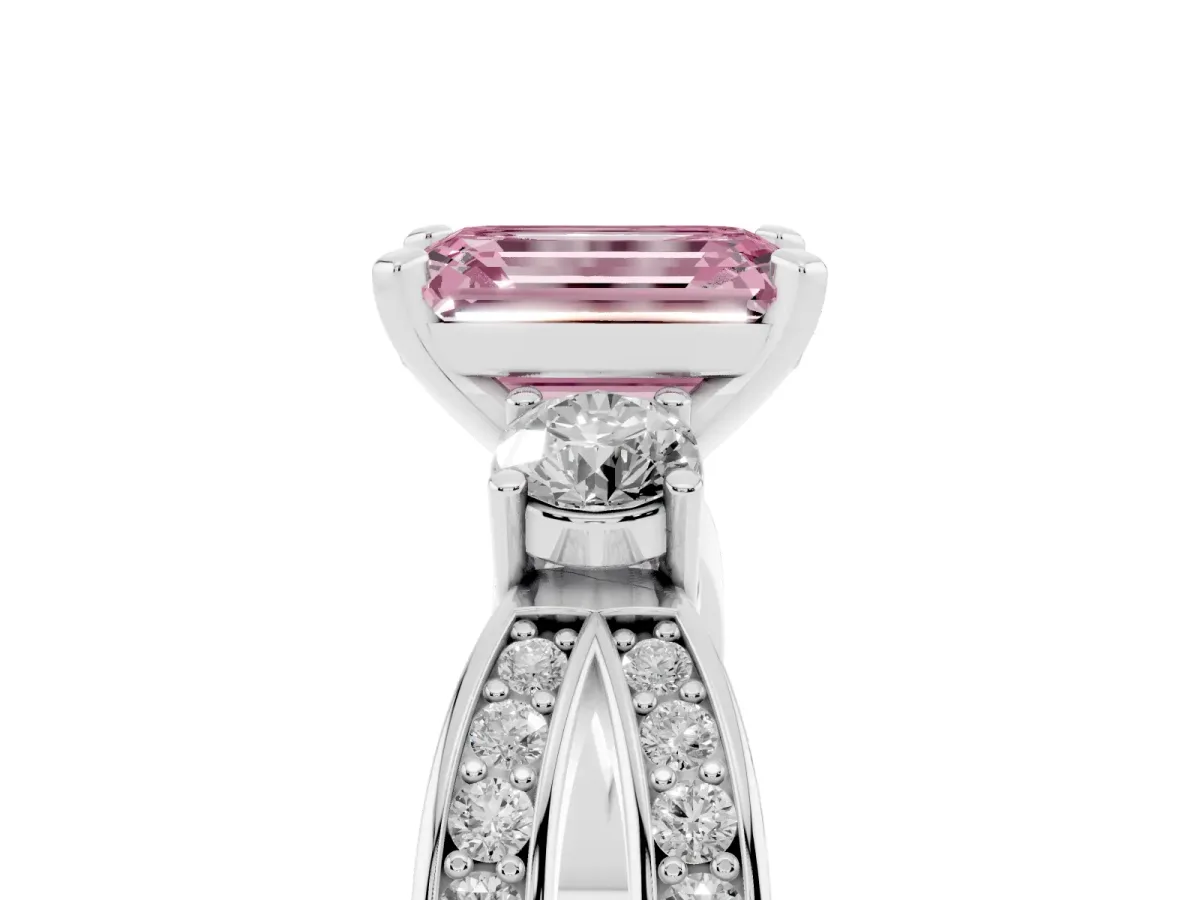 Fancy Pink Three-Stone Emerald Cut Cut Diamond Twist Band with Prong Setting Platinum