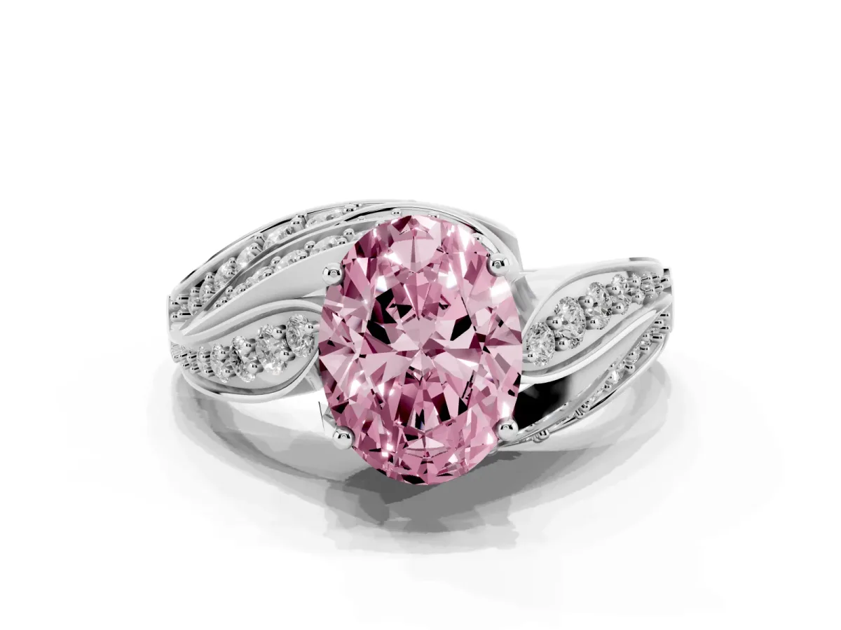 Fancy Pink Oval Cut Diamond Solitaire Ring with Prong Setting and Twisted Pavé Band Silver