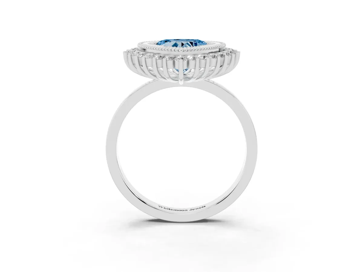 Fancy Blue Heart Cut Halo Diamond Ring with Milgrain Edge and Round Prong Setting Silver